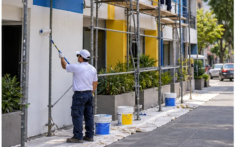 Imagen de referencia de pintura de edificios para Calzada Atanasio Tzul: fachada de edificio y trabajo en altura