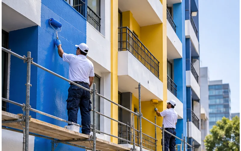 Imagen de referencia de pintura de edificios para Calzada San Juan: fachada de edificio y trabajo en altura