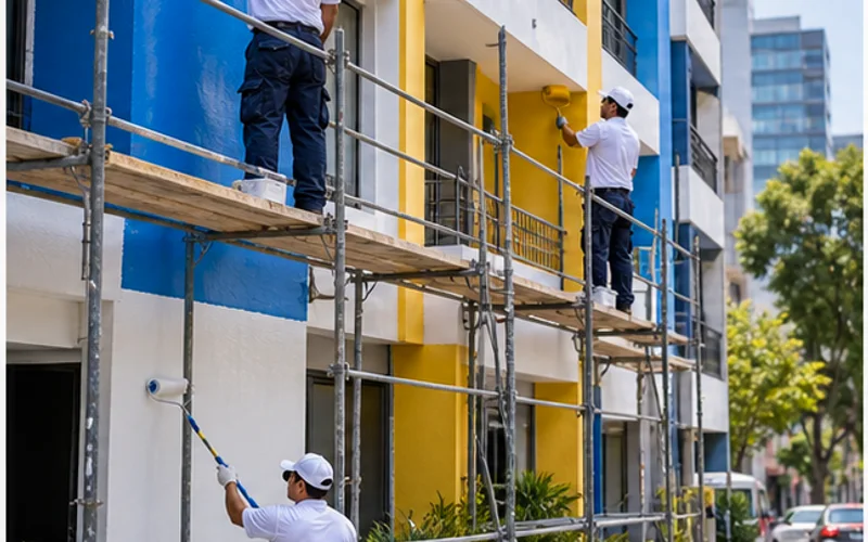 Imagen de referencia de pintura de edificios para Carretera a El Salvador: fachada de edificio y trabajo en altura