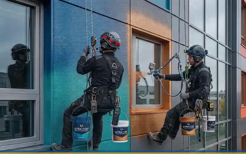 Imagen de referencia de pintura de edificios para Mixco: fachada de edificio y trabajo en altura