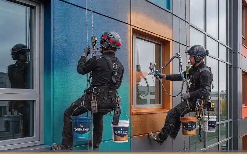 Imagen de referencia de pintura de edificios para San Miguel Petapa: fachada de edificio y trabajo en altura
