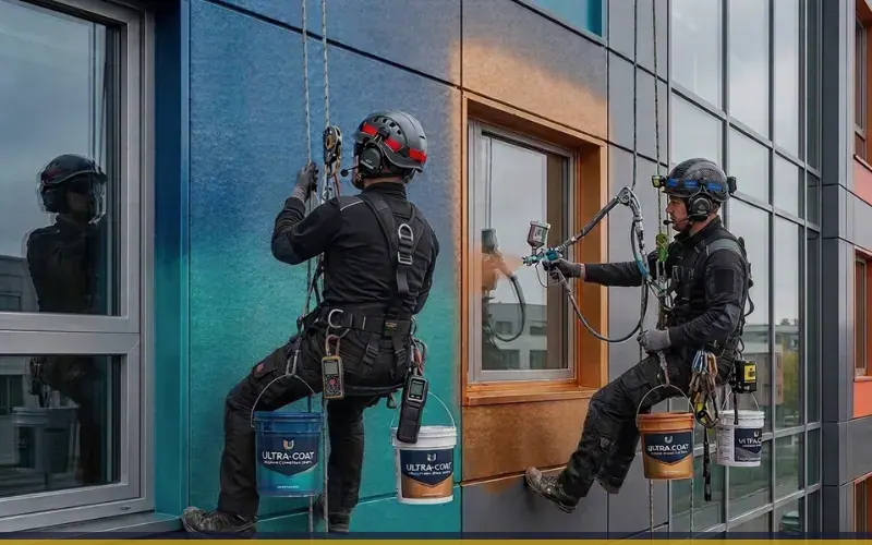 Imagen de referencia de pintura de edificios para San José del Golfo: fachada de edificio y trabajo en altura