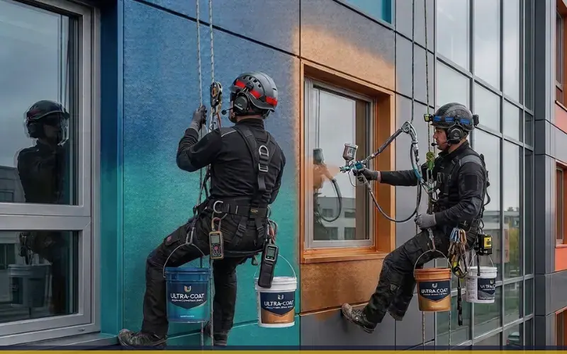 Imagen de referencia de pintura de edificios para Villa Nueva: fachada de edificio y trabajo en altura