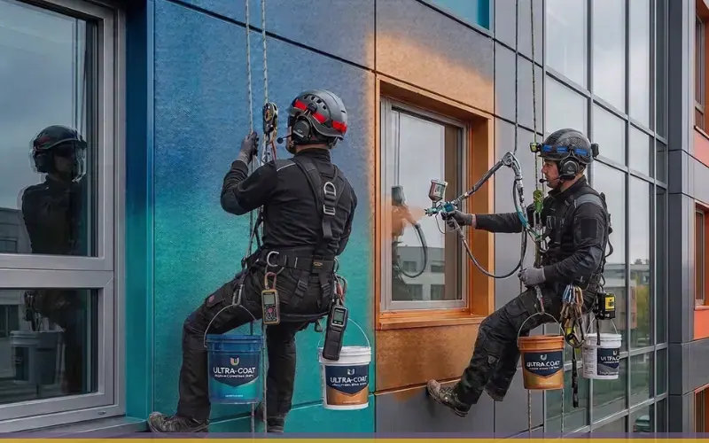 Imagen de referencia de pintura de edificios para Zona 11: fachada de edificio y trabajo en altura