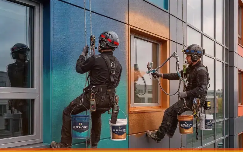 Imagen de referencia de pintura de edificios para Zona 14: fachada de edificio y trabajo en altura