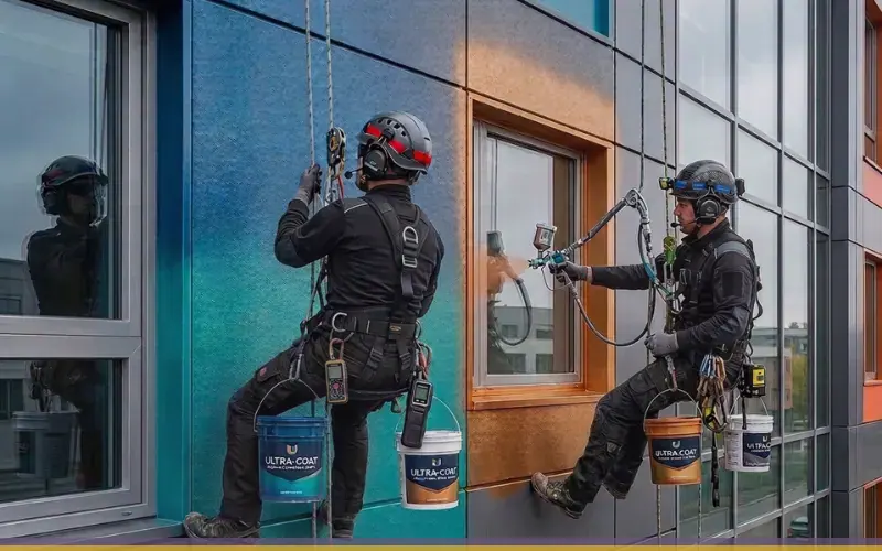 Imagen de referencia de pintura de edificios para Zona 15: fachada de edificio y trabajo en altura