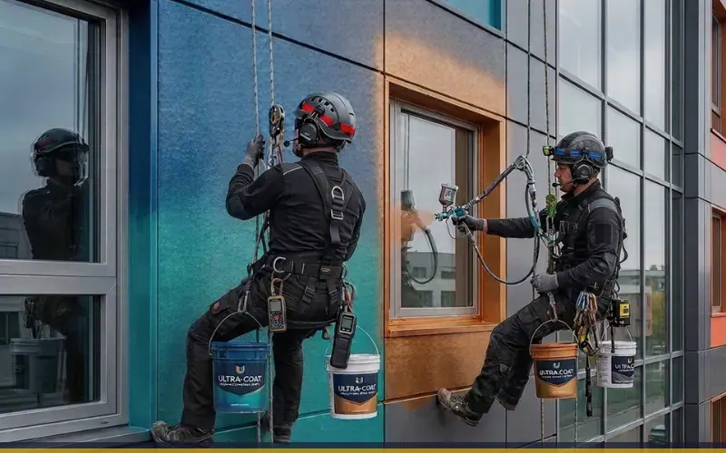 Imagen de referencia de pintura de edificios para Zona 16: fachada de edificio y trabajo en altura