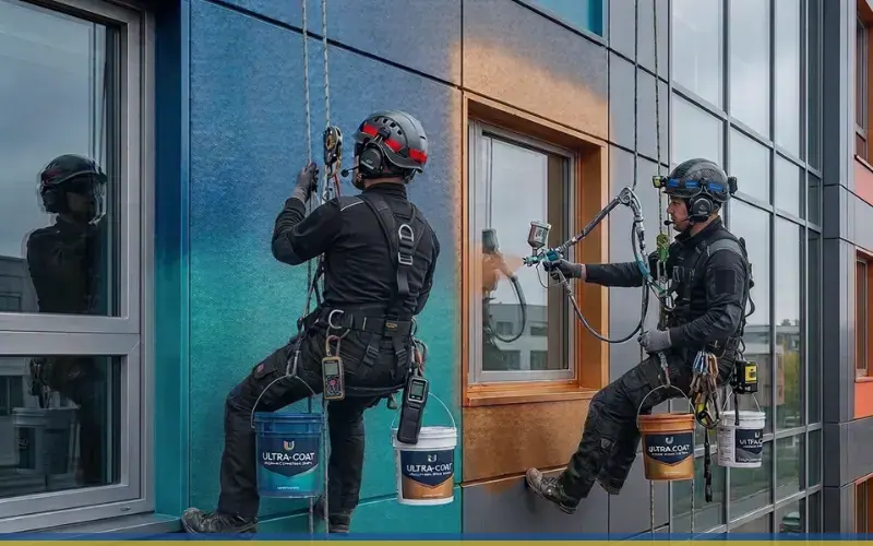 Imagen de referencia de pintura de edificios para Zona 3: fachada de edificio y trabajo en altura