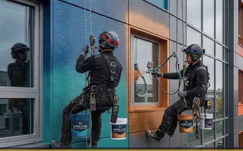 Imagen de referencia de pintura de edificios para Zona 6: fachada de edificio y trabajo en altura